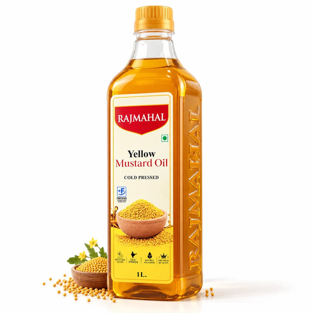 Rajmahal Yellow Mustard Oil – 1 L — bottle with yellow mustard seeds