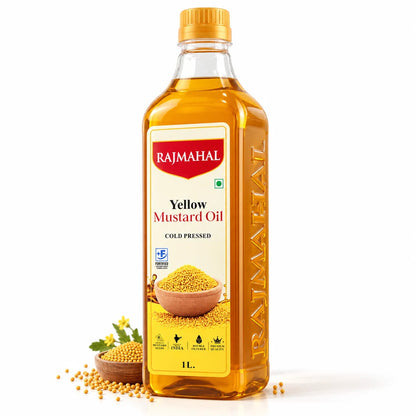 Rajmahal Yellow Mustard Oil – 1 L — bottle with yellow mustard seeds