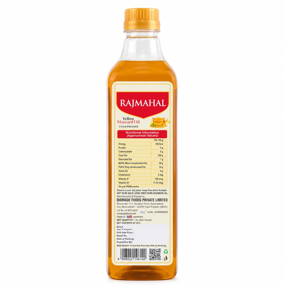 Rajmahal Yellow Mustard Oil – Pack of 2 — back label with nutrition information