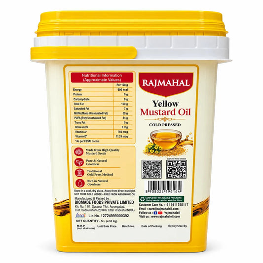 Rajmahal Yellow Mustard Oil – 5 L Family Pack — back label with nutrition information